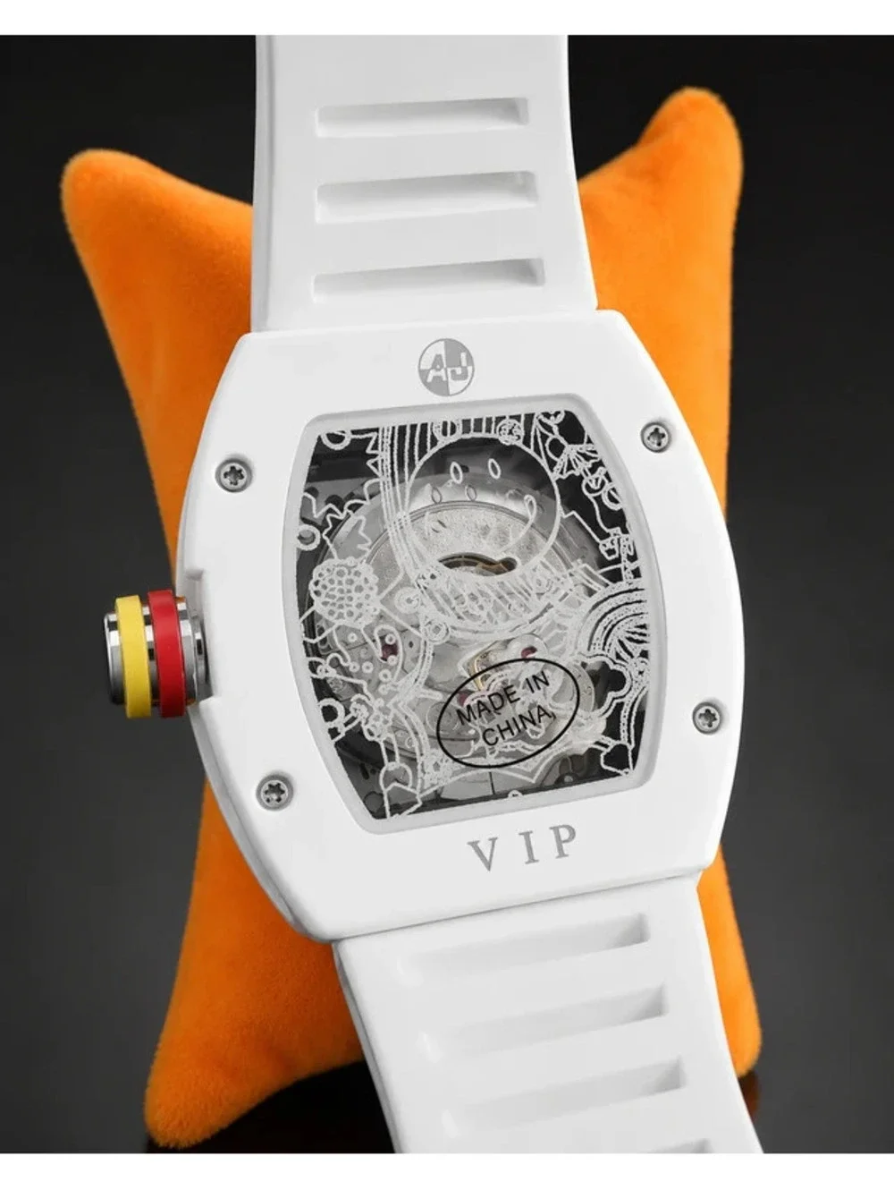 #546 AJ 42mm Automatic Skeleton Watch – White with Colorful Smiley Dial